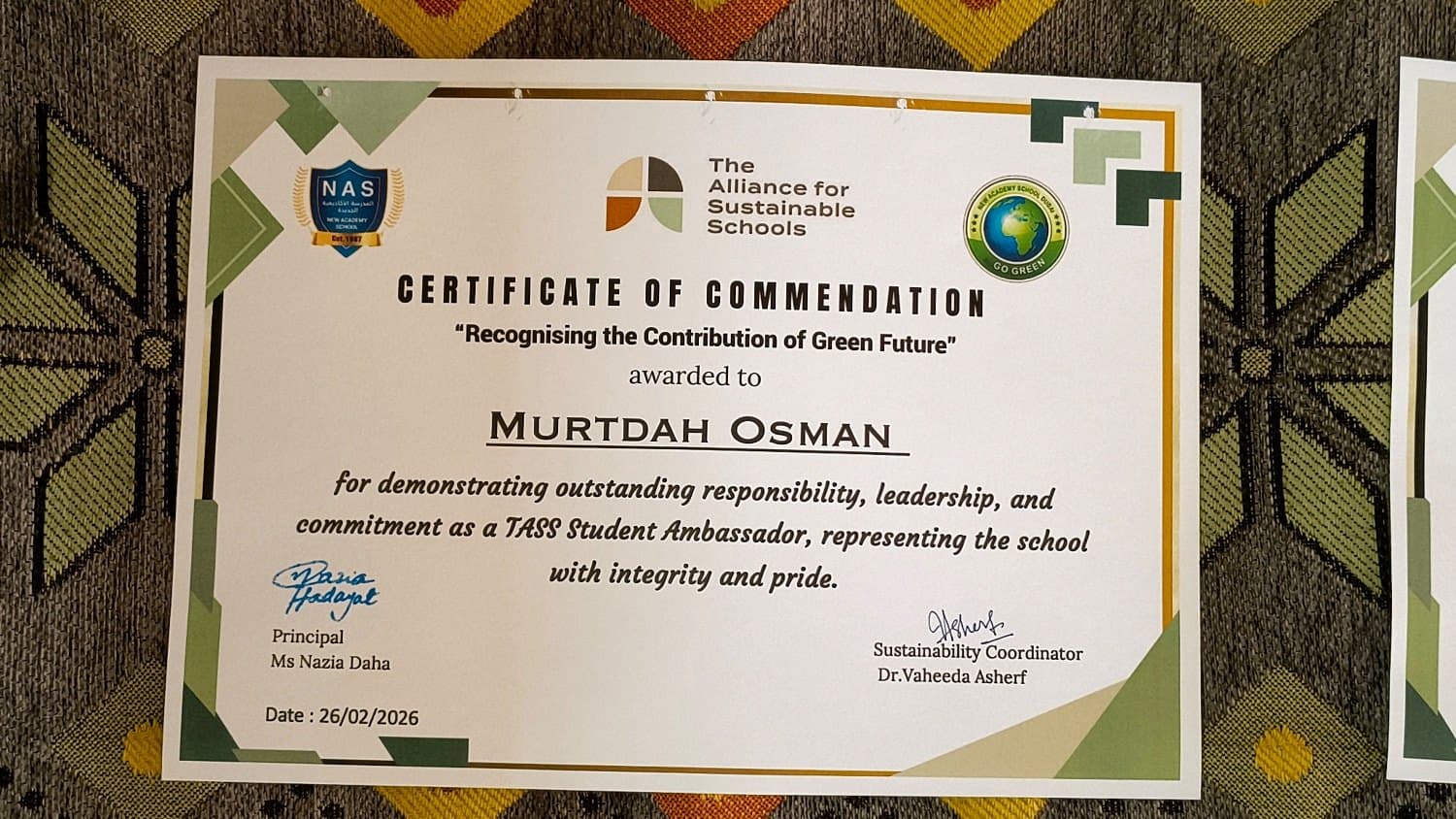 TASS Student Ambassador Commendation