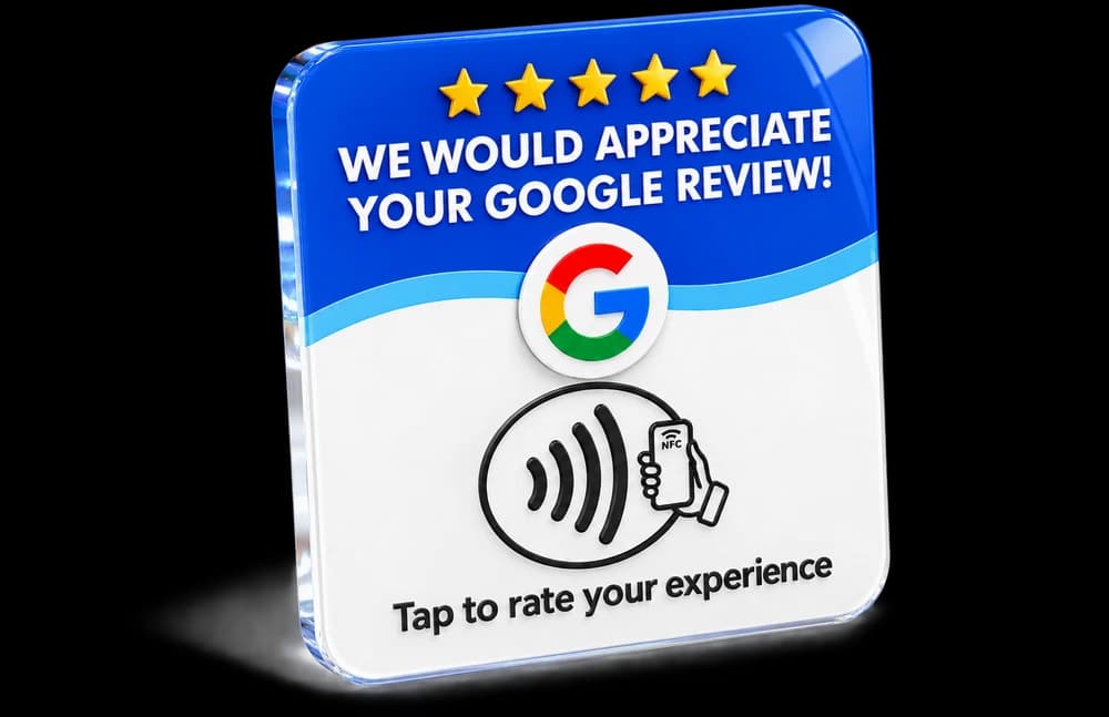 The NFC review endpoint: five stars, the Google mark, and a contactless symbol reading "Tap to rate your experience"