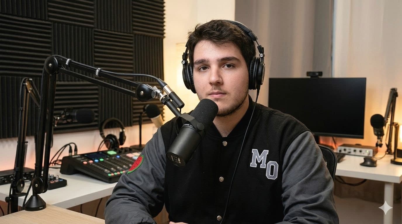 Murtdah Osman recording in a studio with microphone and headphones